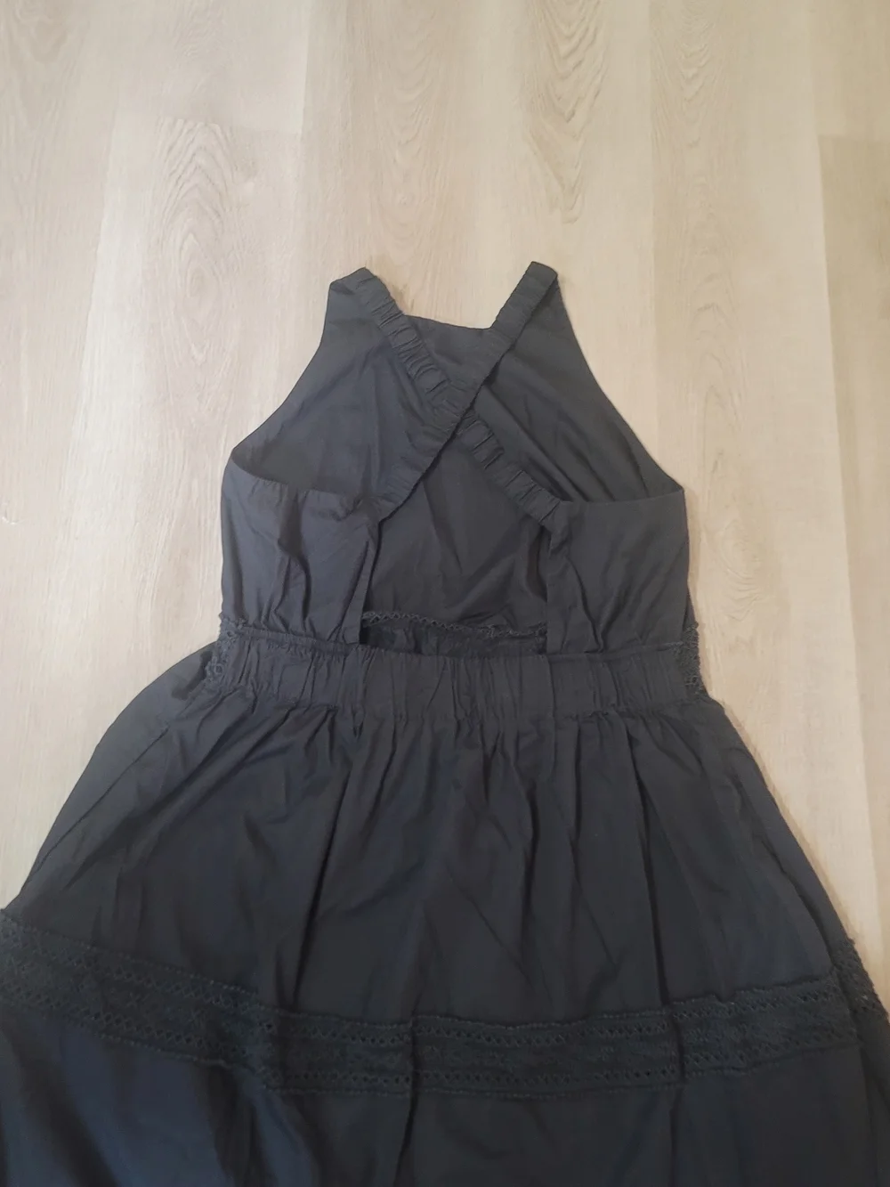 Abercrombie & Fitch Black Tiered Maxi Dress XL Pocket Crochet Cross Back Prairie